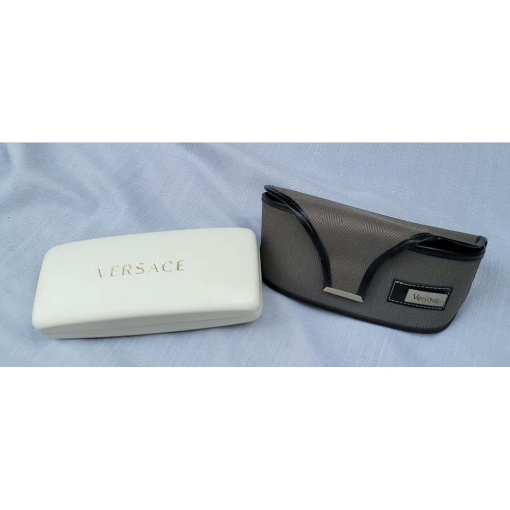 Versace Eyewear Case Set of 2 Cream Hard Shell and Grey Chevron Soft Case Italy